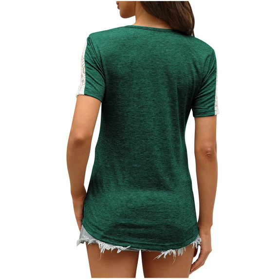 Patlollav Womens Blouses Short Sleeve V-Neck Solid Lace Patchwork Loose Fashionable Tops Deals on Ladies