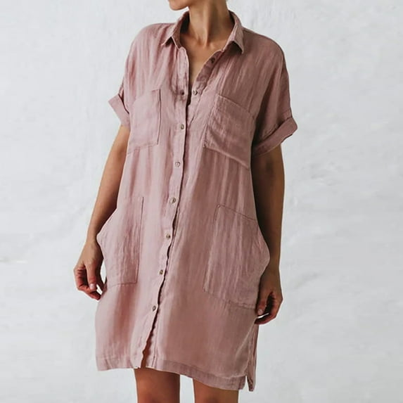 Patlollav Womens Button Shirt Dress Casual Loose Turndown Collar Short Sleeve Dresses with Pockets
