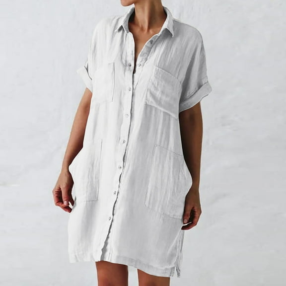 Patlollav Womens Button Shirt Dress Casual Loose Turndown Collar Short Sleeve Dresses with Pockets