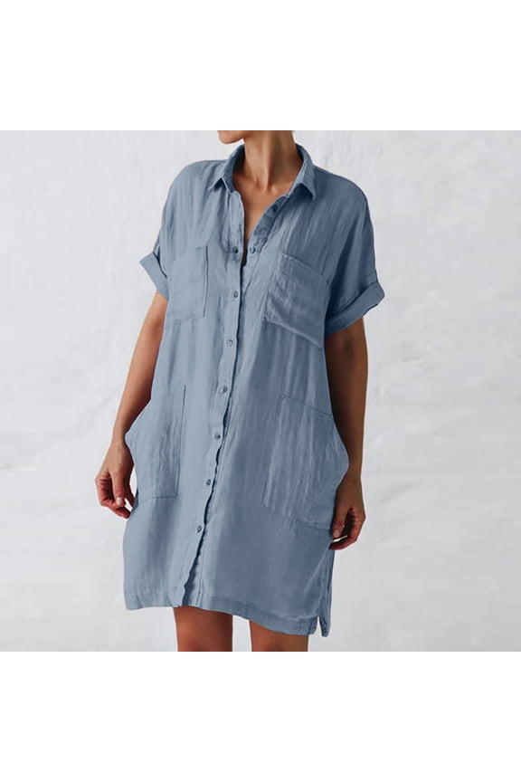 Womens Button Shirt Dress Casual Loose Turndown Collar Short Sleeve Dresses with Pockets