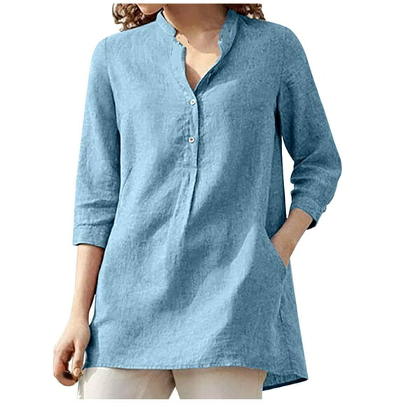 Patlollav Womens Button V-Neck 3/4 Sleeve Solid Pullover Casual T-Shirt Blouse