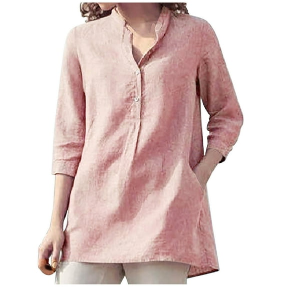 Patlollav Womens Button V-Neck 3/4 Sleeve Solid Pullover Casual T-Shirt Blouse