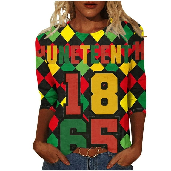 Patlollav Womens Casual 3/4 Sleeve T-Shirts Round Neck Cute Print Tops Trendy Loose Fit Three Quarter Length Blouses