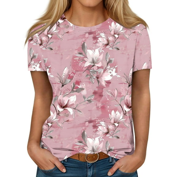 Patlollav Womens Casual Floral Style Casual Printed Short Sleeve Tops V-Neck Shirt