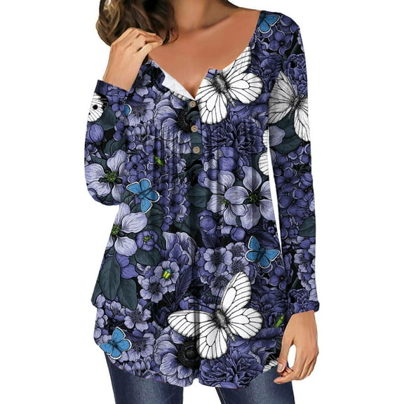 Patlollav Womens Casual Loose Crew Neck Button Long Sleeve Print Top