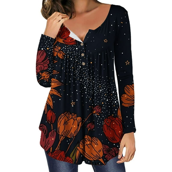 Patlollav Womens Casual Loose Crew Neck Button Long Sleeve Print Top