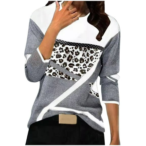 Patlollav Womens Casual Print Round Neck Patchwork Pullover Long Sleeve Blouse T-Shirt Tops