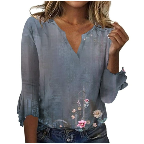 Patlollav Womens Casual Print V-Neck Flared Sleeve T-Shirt Tops