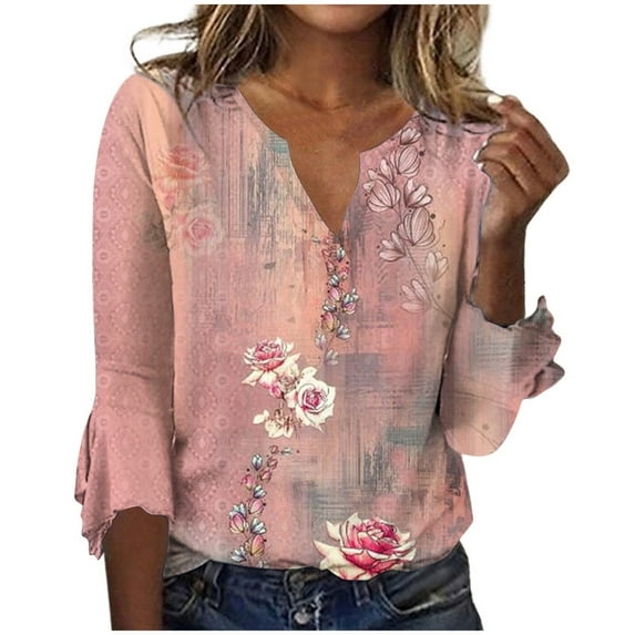 Patlollav Womens Casual Print V-Neck Flared Sleeve T-Shirt Tops