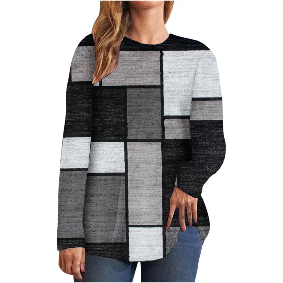 Patlollav Womens Casual Round Neck Long Sleeve Printed Loose Shirt Blouse Tops