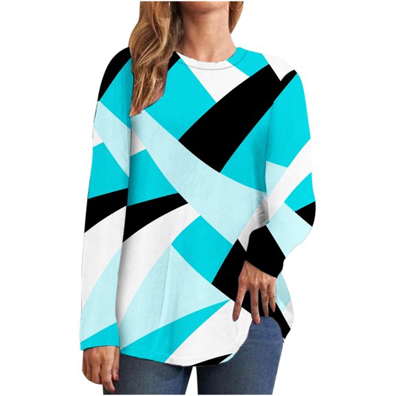 Patlollav Womens Casual Round Neck Long Sleeve Printed Loose Shirt Blouse Tops