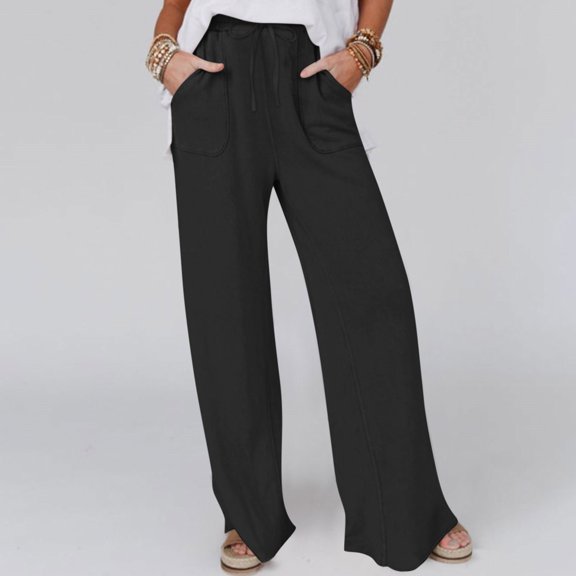 Patlollav Womens Casual Solid Color Elastic Loose Pants Straight Wide Leg Trousers Pants with Pocket