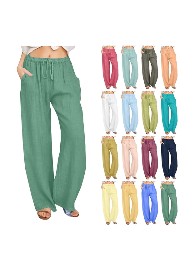 Women Linen Pants, Summer Flowy Pants for Women Solid Pants Straight Casual Long Wide Leg Trouser Pants Drawstring Trousers