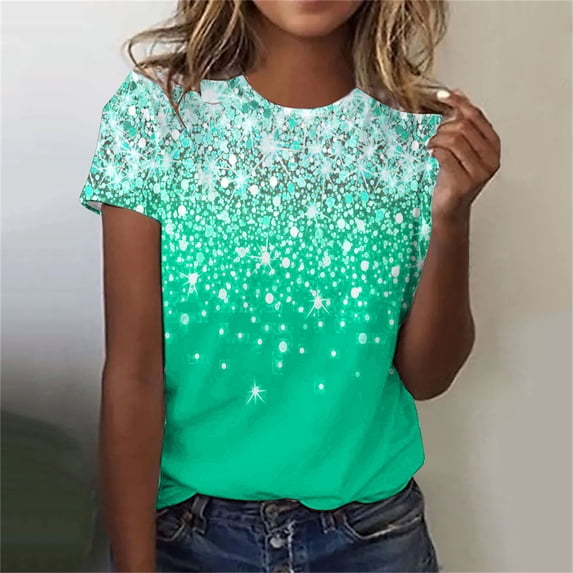 Patlollav Womens Casual Sparkling Crystal Printed Round Neck Short Sleeved Tops