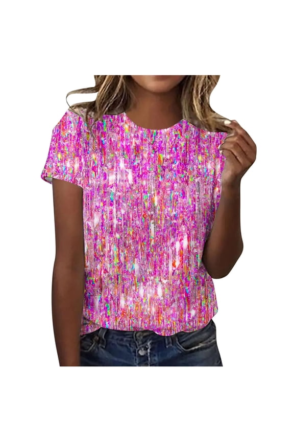 Womens Casual Summer Tops Shiny Printed Round Neck Short Sleeve Blouse