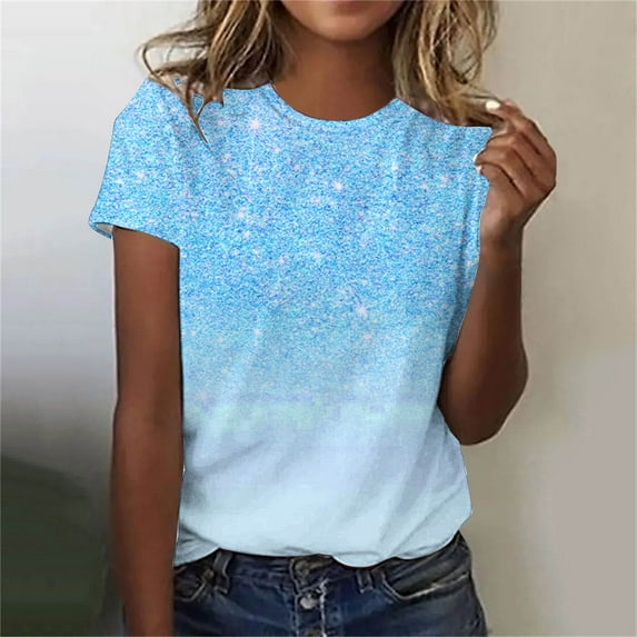 Patlollav Womens Casual Tops Sparkling Crystal Print Round Neck Short Sleeve Shirts