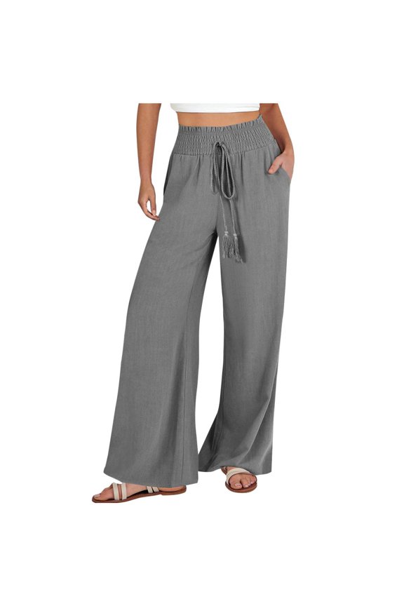 Womens Casual Wide Leg Pants Flowy Adjustable Tie Knot Elastic Waist Trousers with Pockets