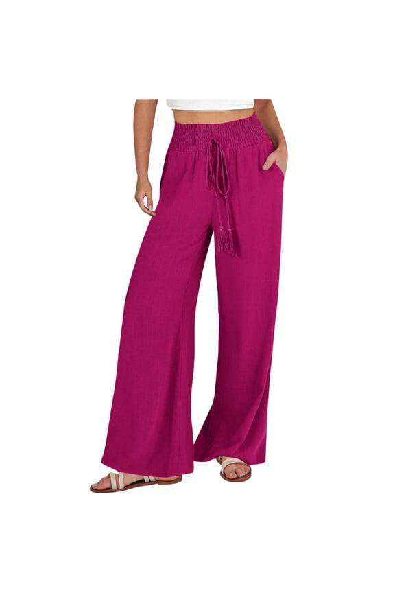 Womens Casual Wide Leg Pants Flowy Adjustable Tie Knot Elastic Waist Trousers with Pockets