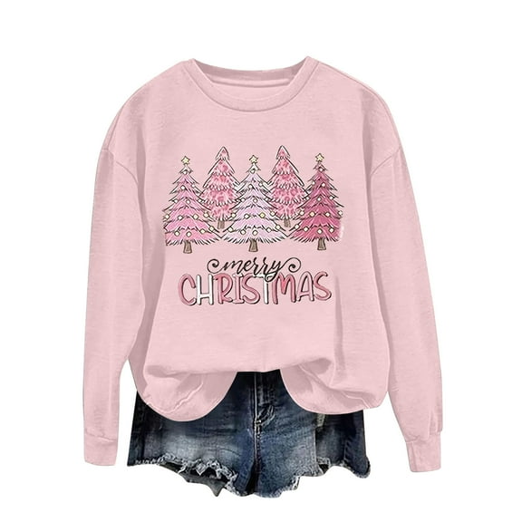 Patlollav Womens Christmas Sweatshirts Round Neck Printed Loose Long Sleeve Winter Topss