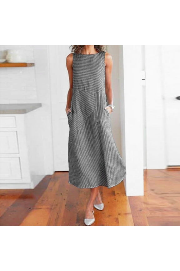 Womens Dresses Casual Striped Sleeveless Pockets Long Dress 2022 on