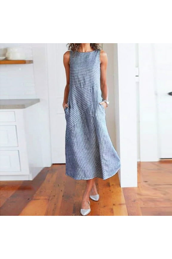 Womens Dresses,Women's Casual Striped Sleeveless Pockets Long Dress