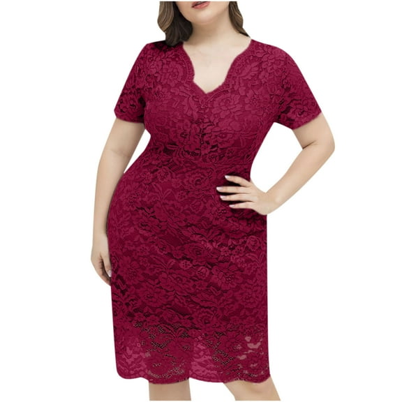 Patlollav Fashion Womens Plus Size V Neck Short Sleeve Solid Lace Dress Party Dress