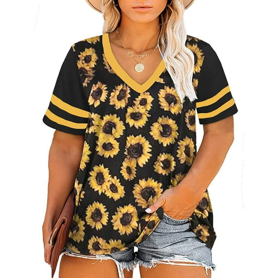 Patlollav Womens Ladies Tops Plus Size Fashion Print V-Neck Short-Sleeve Shirt Blouse