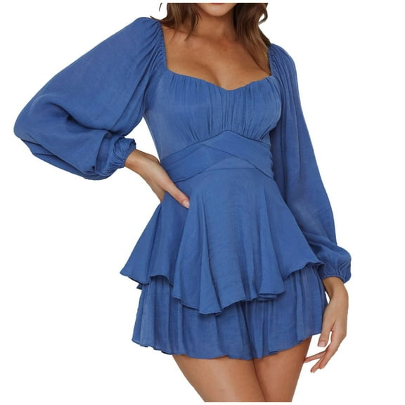Patlollav Womens Solid Long Sleeve Ruffles Bandage Short Jumpsuits