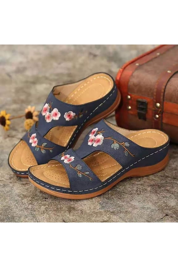 Patlollav Womens Summer New Woman Shoes Hollow Flower Embroidery Wedge Woman Slippers