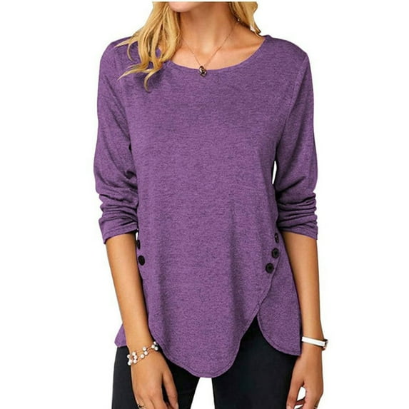 Patlollav Womens T-Shirt Fashion Solid Loose Long Sleeve Blouse Round-Neck Casual Tops