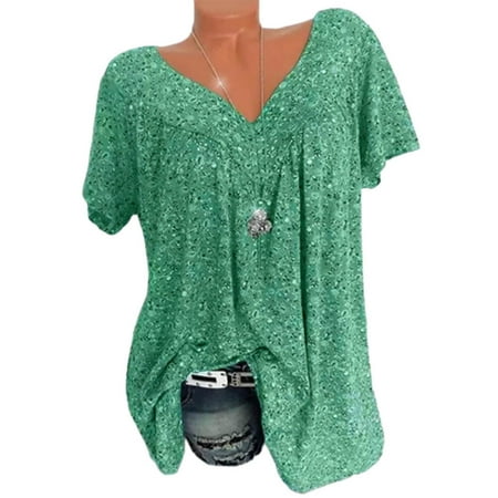Patlollav Womens Tops,Women's Plus Size Short Sleeve V-Neck Print Tops