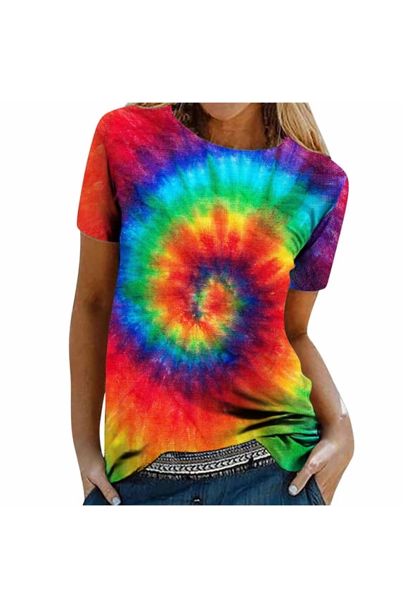 Womens Crewneck Short Sleeve Tie-Dye Print Pattern Casual Tops Print Shirts