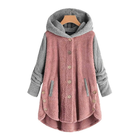 Patlollav Womens Coat Plus Size Button Plush Tops Hooded Loose Cardigan Outwear Winter Wool Jacket