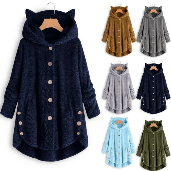 Patlollav Womens Coat Plus Size Button Plush Tops Hooded Loose Cardigan Outwear Winter Wool Jacket