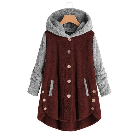 Patlollav Womens Coat Plus Size Button Plush Tops Hooded Loose Cardigan Outwear Winter Wool Jacket