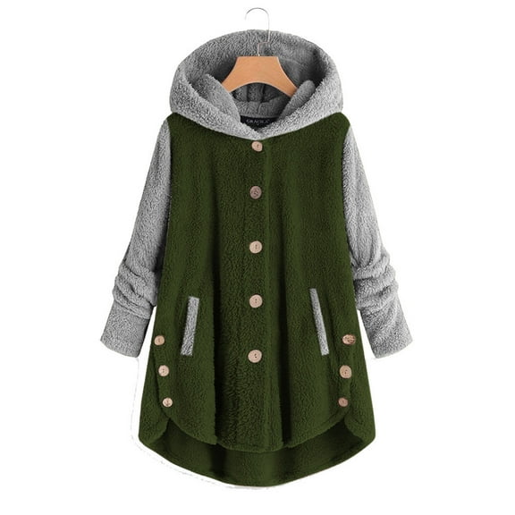 Patlollav Womens Coat Plus Size Button Plush Tops Hooded Loose Cardigan Outwear Winter Wool Jacket