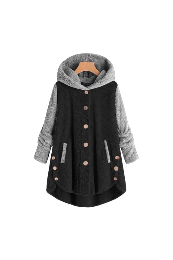 Womens Coat Plus Size Button Plush Tops Hooded Loose Cardigan Outwear Winter Wool Jacket