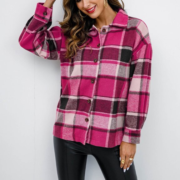 Patlollav Womens Coat Plus Size Plaid Lapel Cardigan Long Sleeve Hoodless Jacket