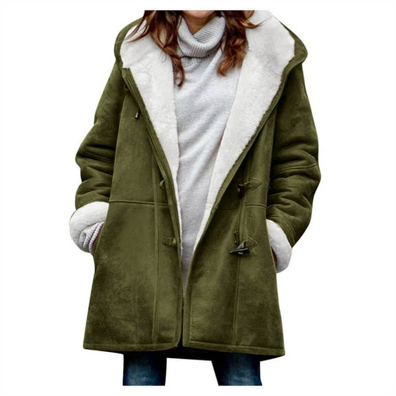 Patlollav Womens Coats Plus Size Solid Plus Velvet Coat Long Sleeve Horn Buckle Pocket Overcoat Jackets