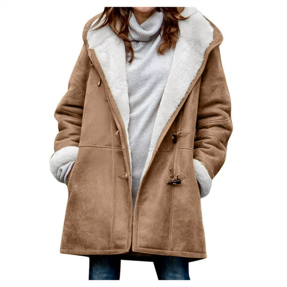 Patlollav Womens Coats Plus Size Solid Plus Velvet Coat Long Sleeve Horn Buckle Pocket Overcoat Jackets