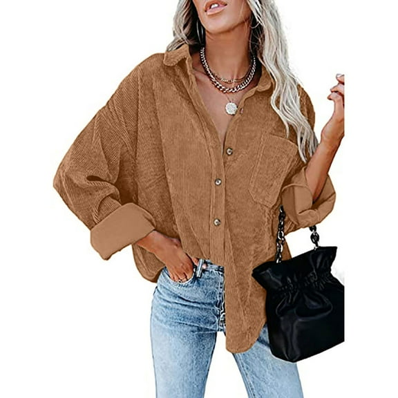 Patlollav Womens Corduroy Buttoned Cardigan Long Sleeve Lapel Padded Shirt Tops