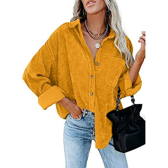 Patlollav Womens Corduroy Buttoned Cardigan Long Sleeve Lapel Padded Shirt Tops