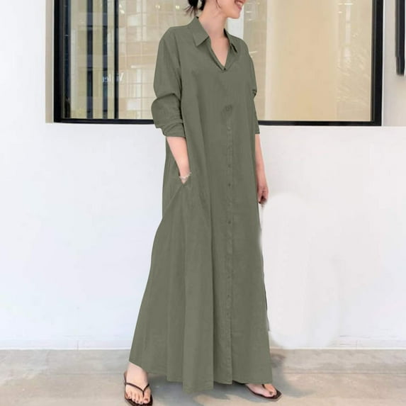 Patlollav Womens Cotton Linen Dresses Turndown Collar Long Sleeve Pocket Loose Long Shirt Dress