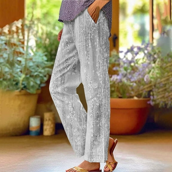 Patlollav Womens Cotton Linen Fabric Simple Rolled Hem Casual Pocket Straight Leg Pants