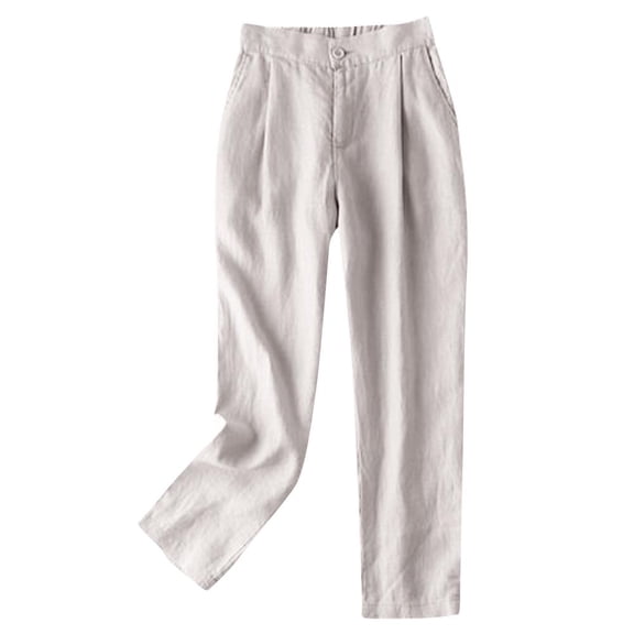 Patlollav Womens Cotton Linen Pants Loose Comfy Cropped Work Pants with Pockets Elastic High Waist Harlan Pants