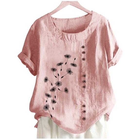 Patlollav Womens Cotton Linen Plus Size Tshirt Casual Crewneck Short Sleeve Tops Slim Fit Button Down Graphic Print Tee Shirts