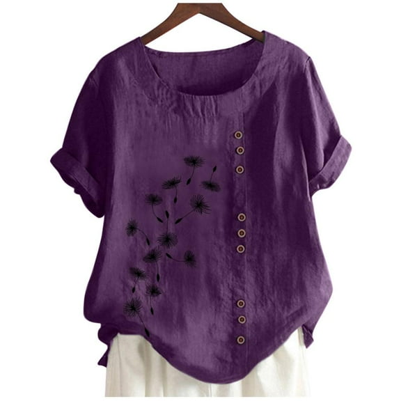 Patlollav Womens Cotton Linen Plus Size Tshirt Casual Crewneck Short Sleeve Tops Slim Fit Button Down Graphic Print Tee Shirts