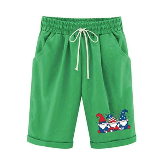 Patlollav Womens Cotton Linen Shorts Independence Day Print Casual Summer Elastic Waist Comfy Shorts with Pocket