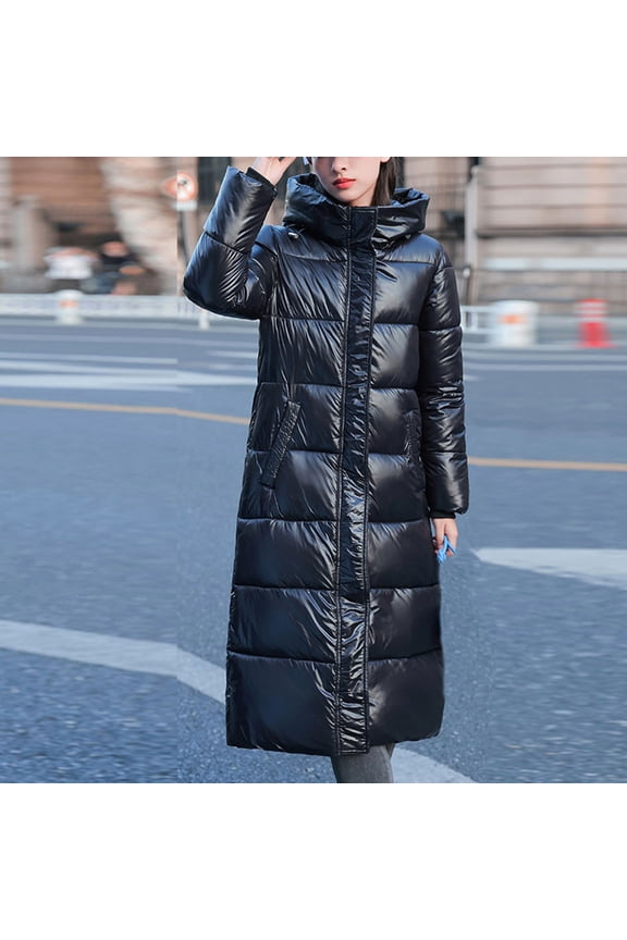 Patlollav Womens Down Jacket Loose Hooded Knee-Length Extended Thickened Cotton Coat
