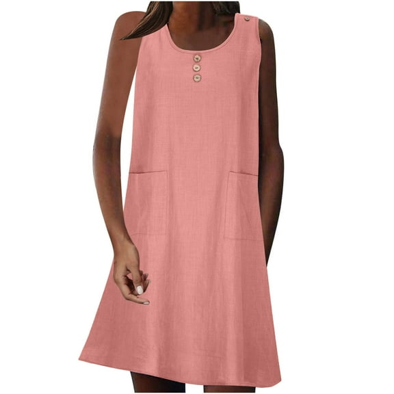Patlollav Womens Dress,Women'S Fashion Casual Holiday Summer Round Neck Pockets Solid Color Sleeveless Party Beach Dress